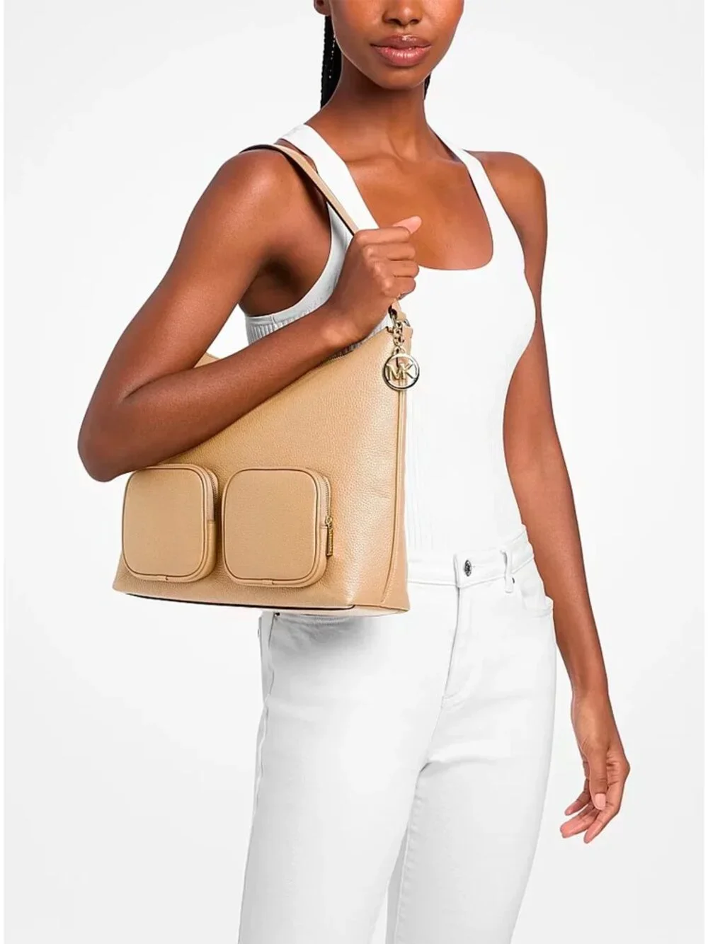 S Michael Kors Merritt Large Camel Beige Leather Cargo Shoulder Bag 35S6G0WL3L